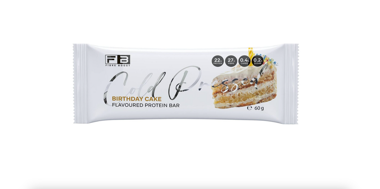 Fibre Boost Cold Pressed Protein Bar Single or Box of 12, Birthday Cake Flavour