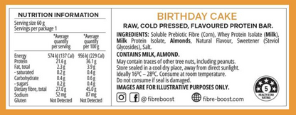 Fibre Boost Cold Pressed Protein Bar Single or Box of 12, Birthday Cake Flavour