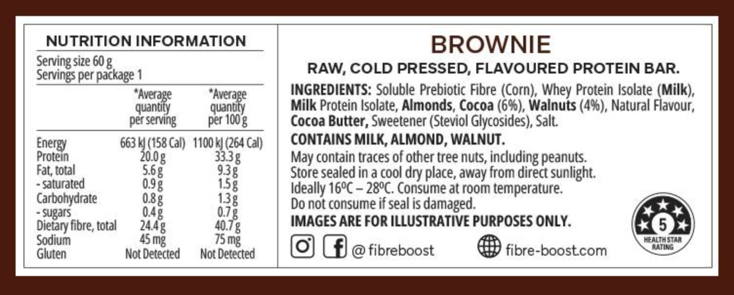 Fibre Boost Cold Pressed Protein Bar Single or Box of 12, Brownie Flavour