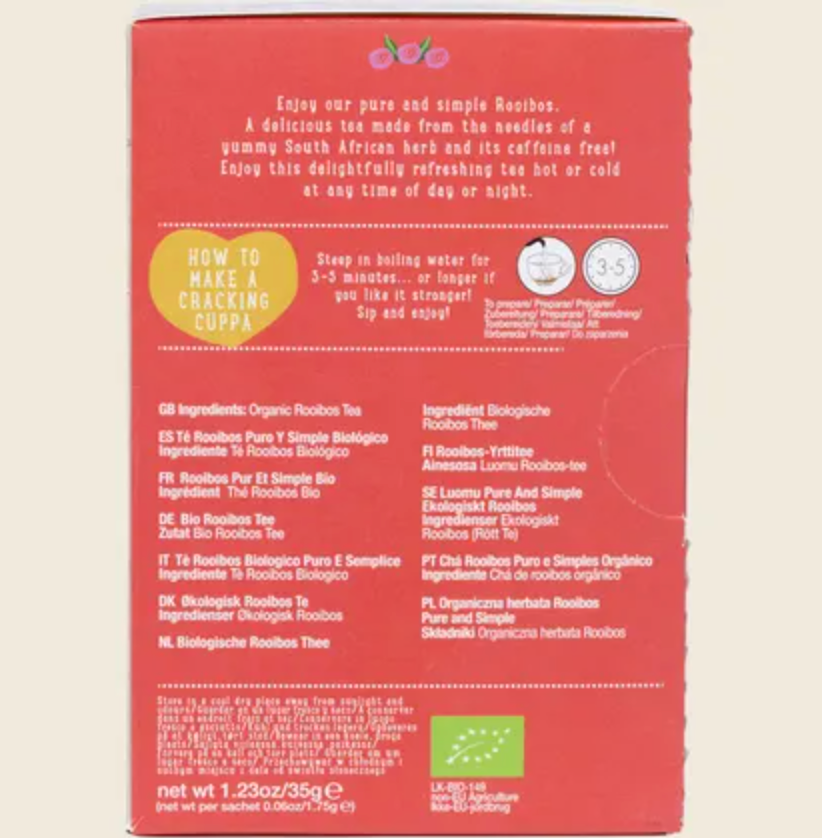 Ministry Of Tea Organic Rooibos Pure & Simple 20 Teabags, Delightfully Refreshing