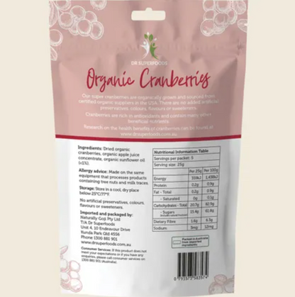 Dr Superfoods Dried Organic Cranberries 125g, No Added Cane Sugar