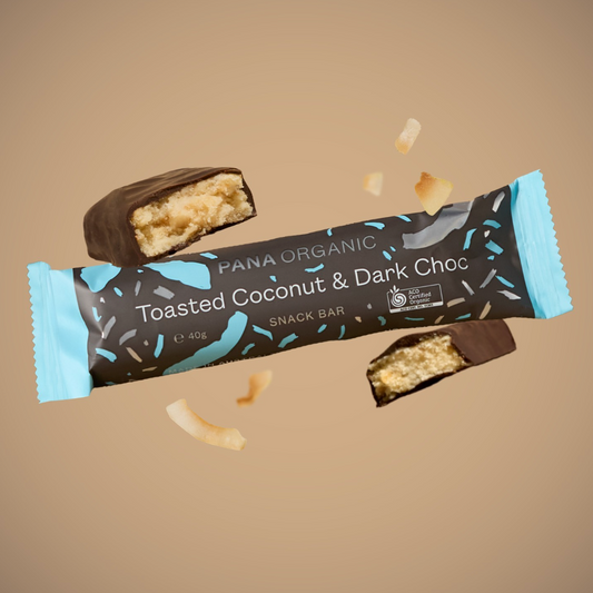 Pana Organic Snack Bar Single 40g Or A Box of 12, Toasted Coconut & Dark Choc Flavour