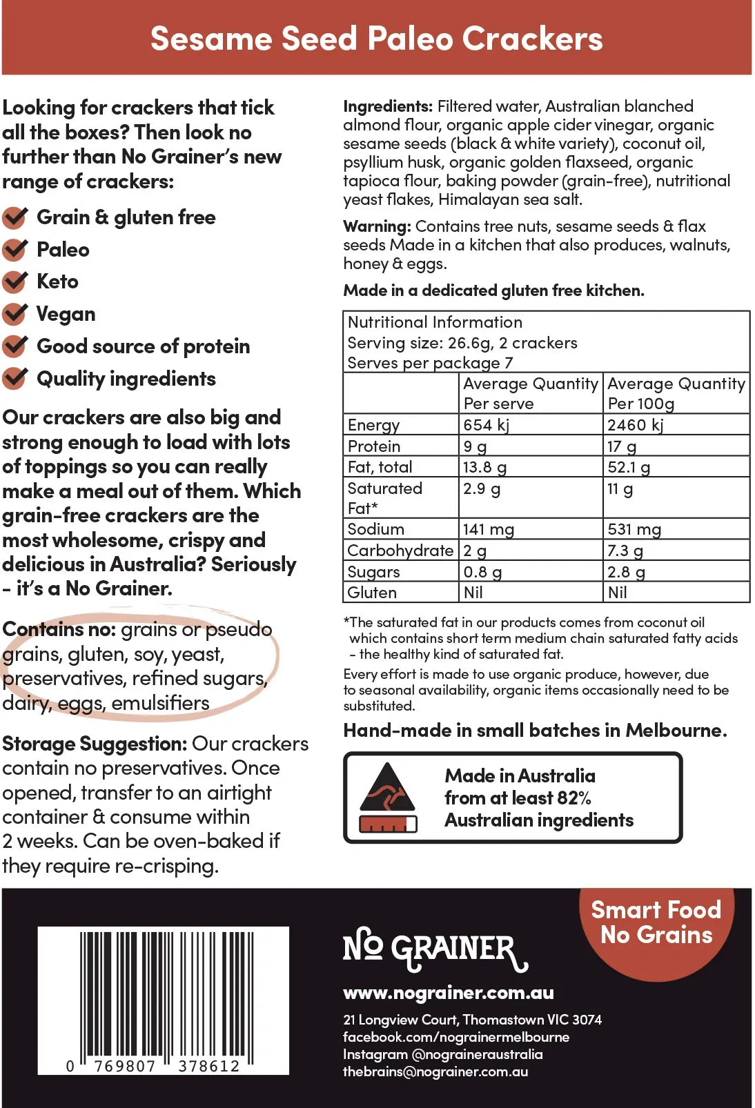 No Grainer Paleo Crackers With Sesame Seeds 185g, Vegan, Gluten-Free & Grain Free