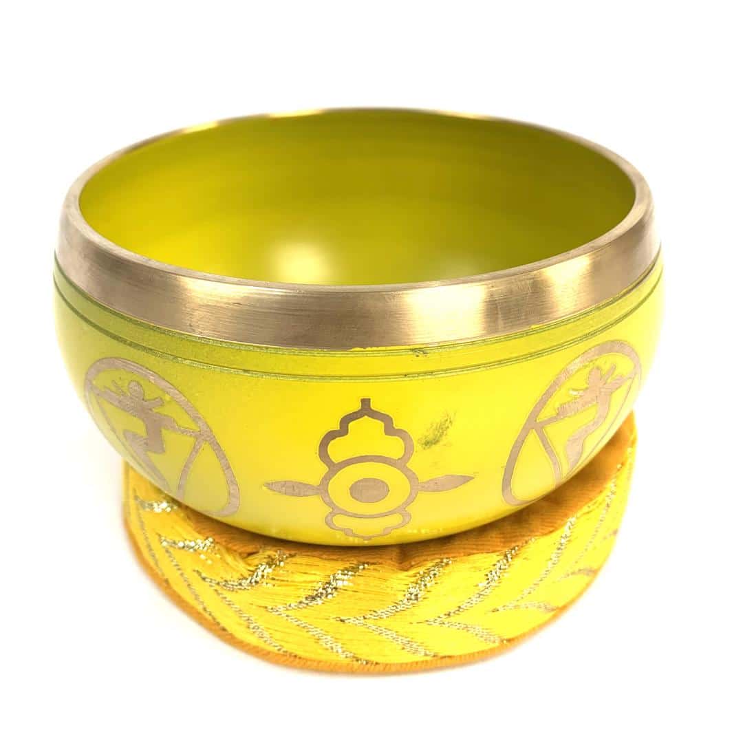 Tibetan Singing Bowl 10cm, Brass Chakra With Matching Cushion & Striker; Green Or Yellow Available