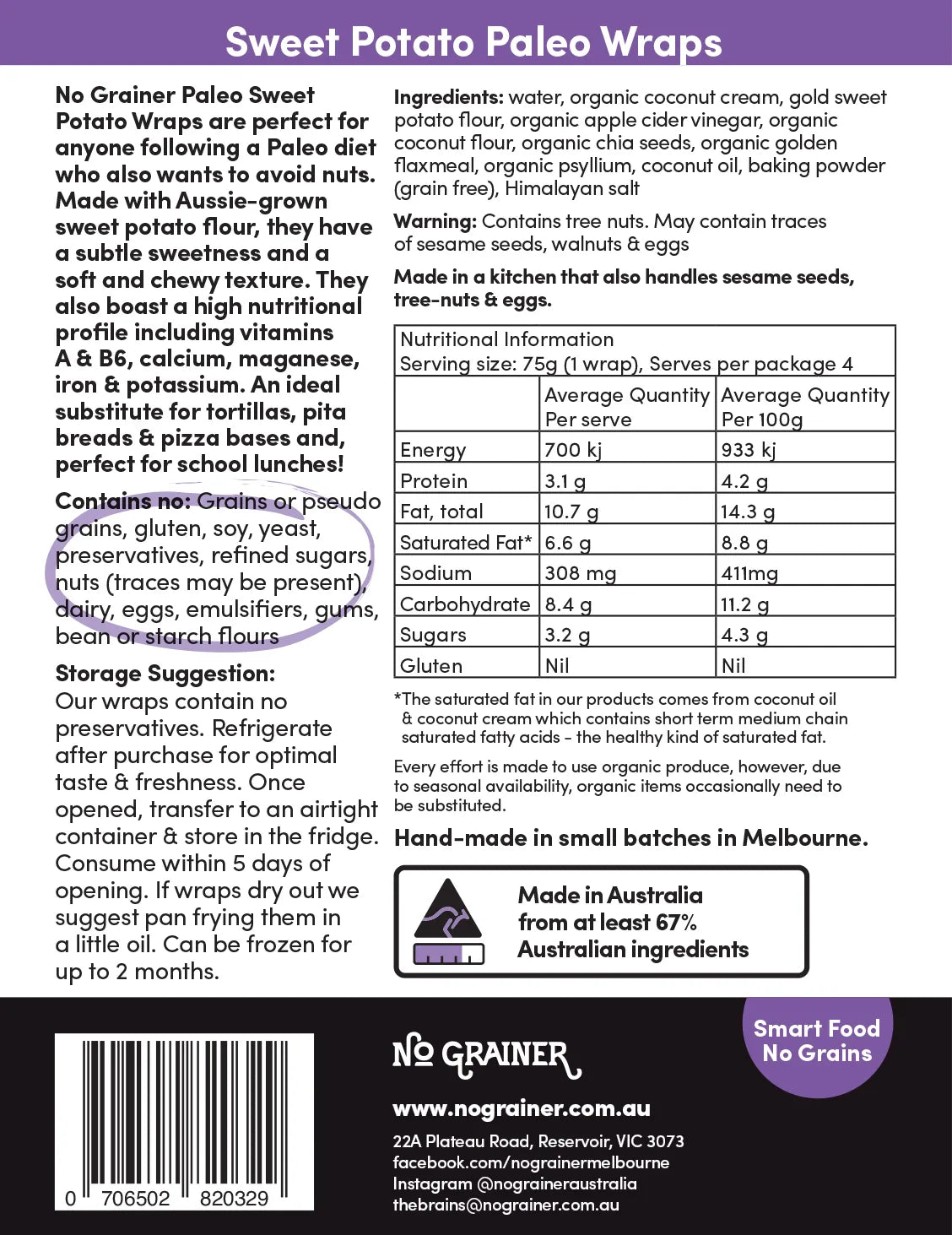 No Grainer Sweet Potato Wraps 400g, Vegan, Gluten-Free & Grain Free Contains 4 Wraps