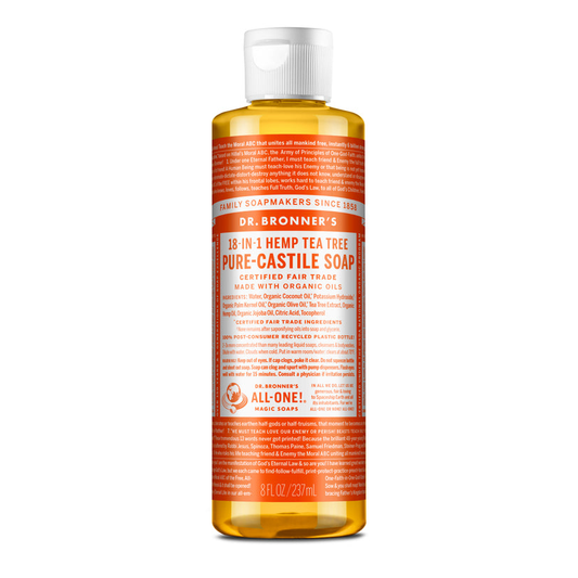 Dr Bronner's Organic 18-in-One Hemp Pure Castile Liquid Soap 59ml, 237ml, 473ml Or 946ml, Tea Tree