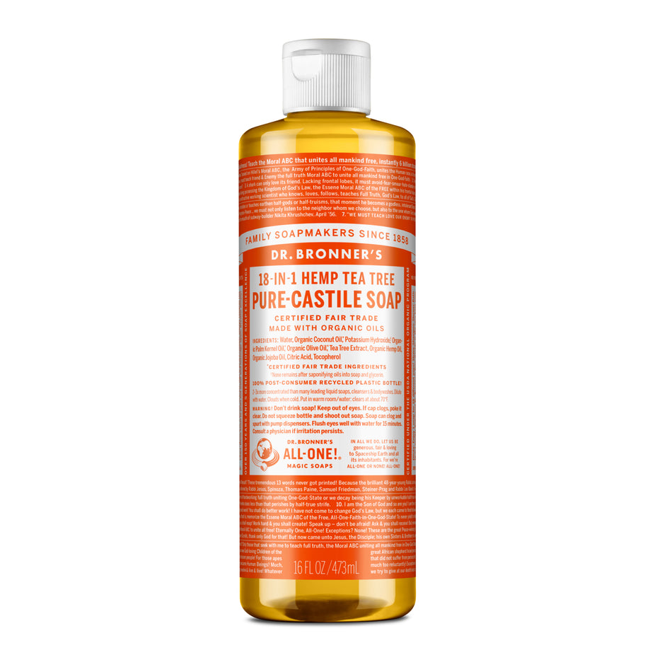 Dr Bronner's Organic 18-in-One Hemp Pure Castile Liquid Soap 59ml, 237ml, 473ml Or 946ml, Tea Tree