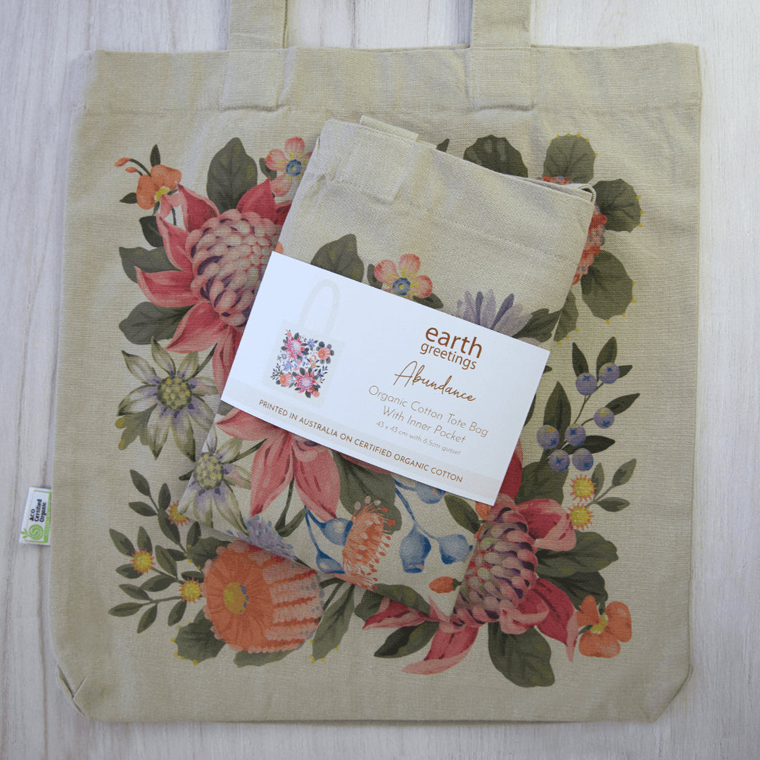 Earth Greetings Certified Organic Tote Bag With A Pocket Abundance Design, Jane Branchflower Collection