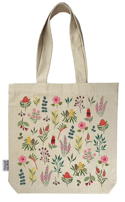 Earth Greetings Certified Organic Tote Bag With A Pocket Australian Wildflower Design, Negin Maddock Collection