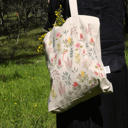 Earth Greetings Certified Organic Tote Bag With A Pocket Australian Wildflower Design, Negin Maddock Collection