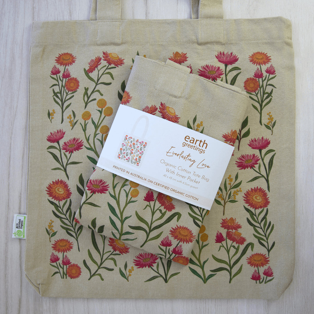 Earth Greetings Certified Organic Tote Bag With A Pocket Everlasting Love Design, Negin Maddock Collection