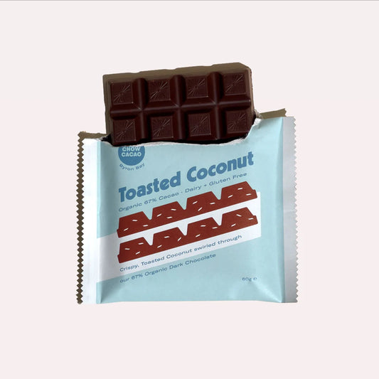 Chow Cacao Toasted Coconut Chocolate Block 60g, With 67% Dark Chocolate