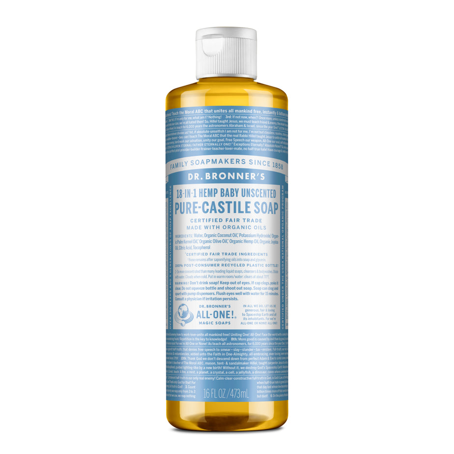 Dr Bronner's Organic 18-in-One Hemp Pure Castile Liquid Soap 59ml, 237ml, 473ml Or 946ml, Baby Unscented Fragrance