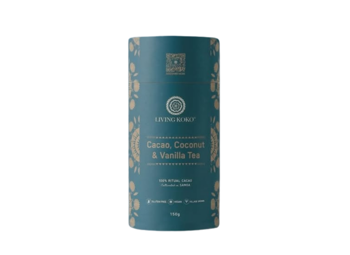 Living Koko Cacao Coconut & Vanilla Tea 150g, Aromatic Light Vanilla Flavour With Earthy Tones