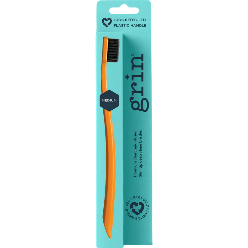 Grin Grin 100% Recycled Toothbrush 1pk, Medium Charcoal Infused Slim Tip Bristles