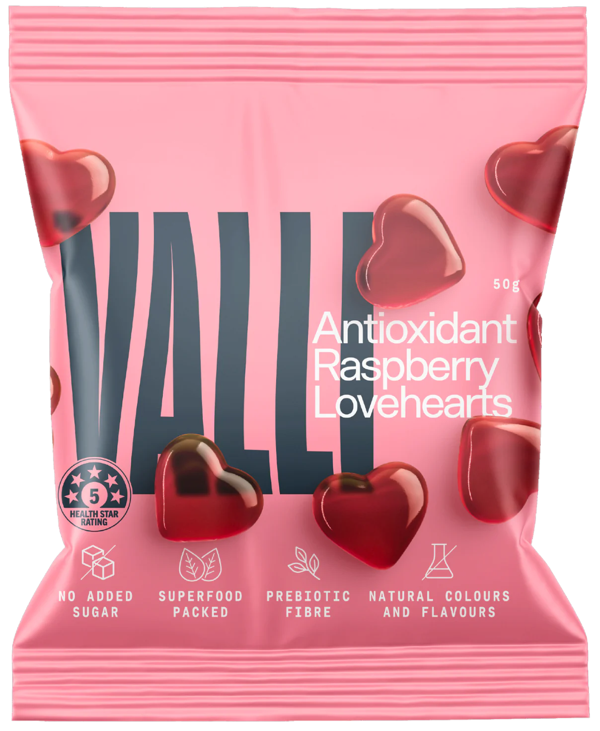 Valli Antioxidant Raspberry Love Hearts 50g, With Prebiotic Fibre & No Added Sugar