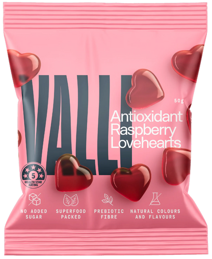 Valli Antioxidant Raspberry Love Hearts 50g, With Prebiotic Fibre & No Added Sugar