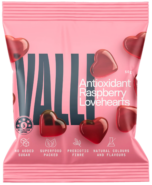 Valli Antioxidant Raspberry Love Hearts 50g, With Prebiotic Fibre & No Added Sugar