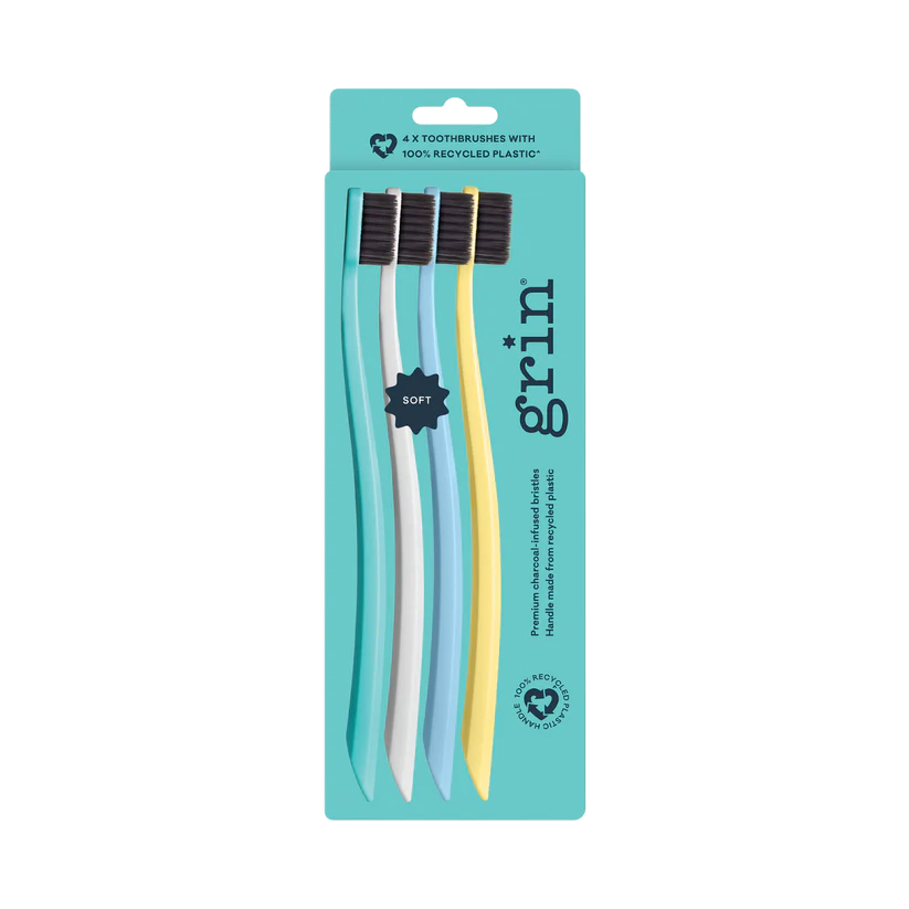 Grin Toothbrush 4 x Pack, Soft Premium Charcoal-Infused Bristles