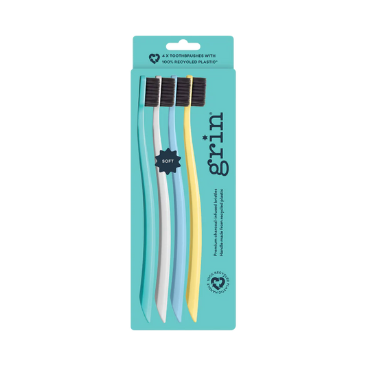 Grin Toothbrush 4 x Pack, Soft Premium Charcoal-Infused Bristles