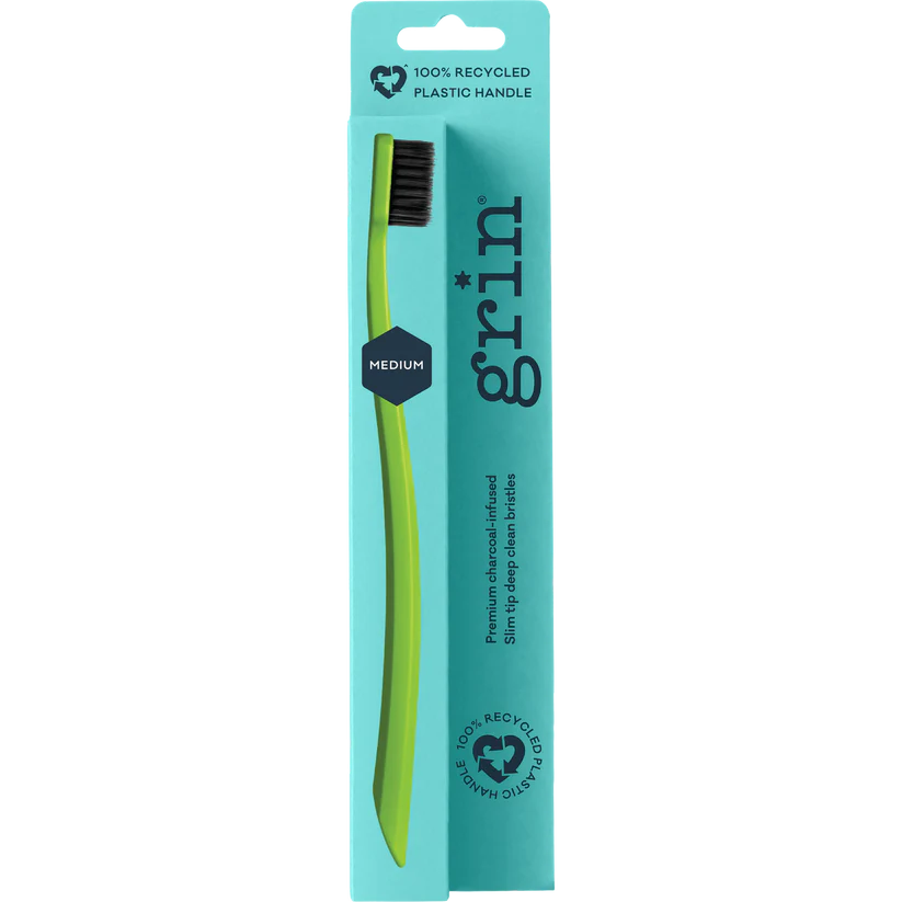 Grin Grin 100% Recycled Toothbrush 1pk, Medium Charcoal Infused Slim Tip Bristles
