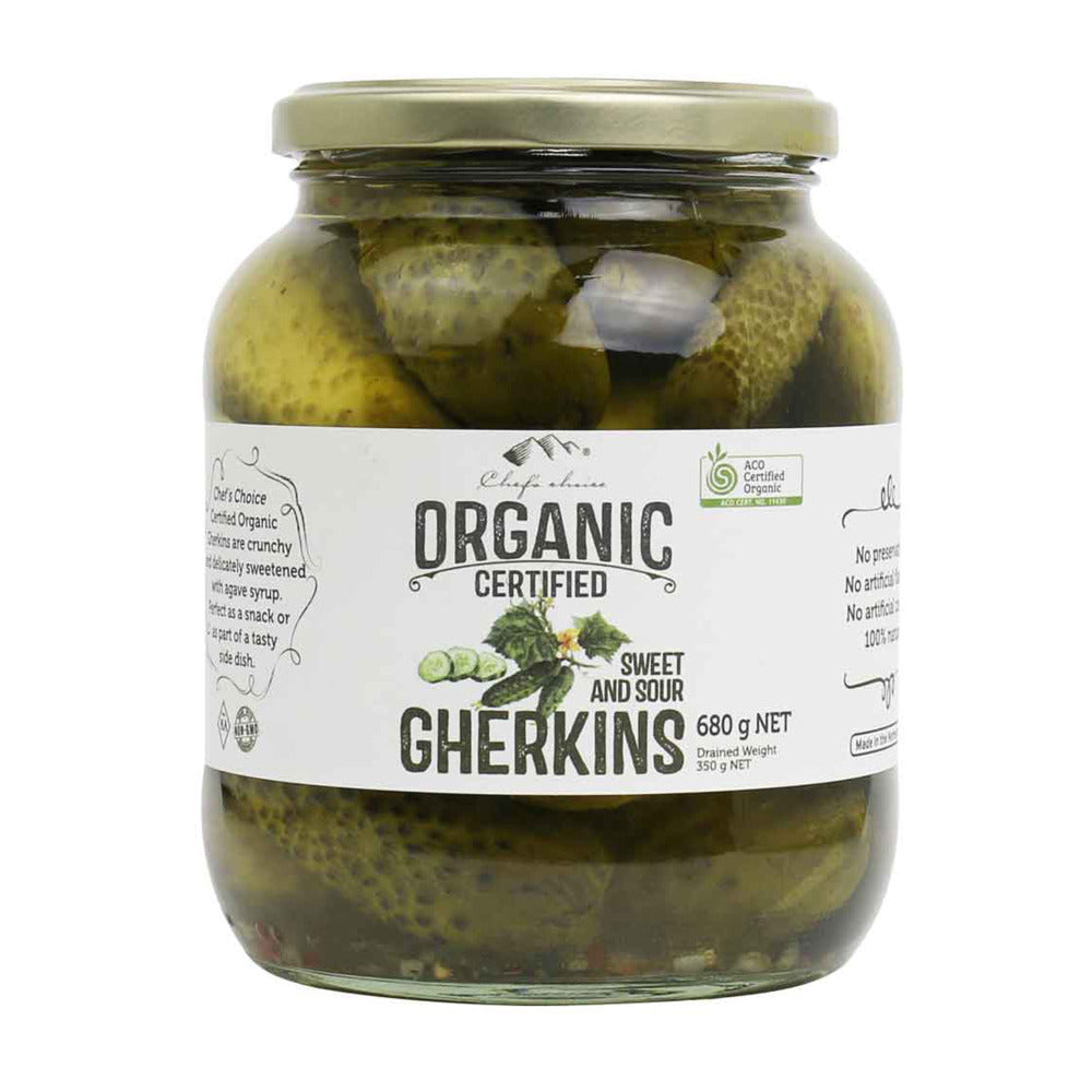 Chef’s Choice Certified Organic Sweet & Sour Gherkins 680g, Perfect As A Snack