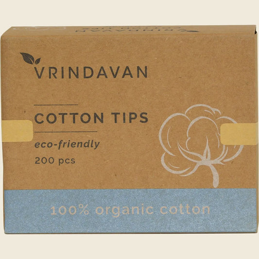 Vrindavan Organic Cotton Tips 200 Per Pack, Plastic-Free Bamboo Stems