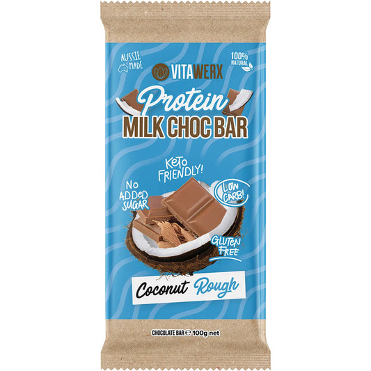 Vitawerx Protein Milk Chocolate Coconut Rough Bar Single 100g Or A Box of 12, Low Carb & Low Sugar