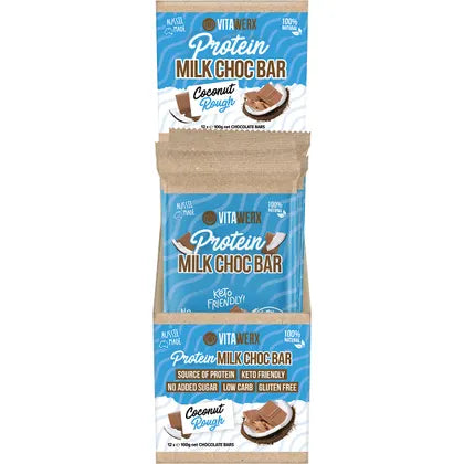 Vitawerx Protein Milk Chocolate Coconut Rough Bar Single 100g Or A Box of 12, Low Carb & Low Sugar