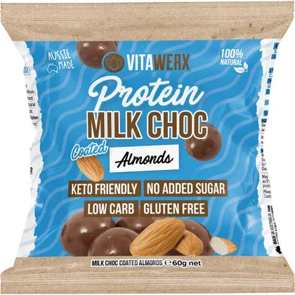 Vitawerx Protein Milk Chocolate Coated Almonds Single 60g Or A Box of 10, Rich Chocolate With A Creamy Taste