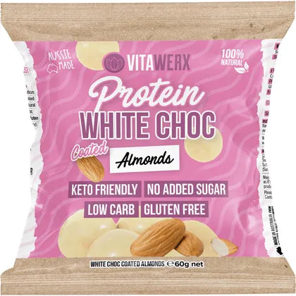 Vitawerx Protein White Chocolate Coated Almonds Single 60g Or A Box of 10, Rich Chocolate With A Creamy Taste