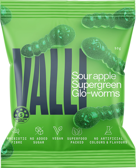 Valli Antioxidant Sour Apple Supergreen Glo-Worms 50g, With Prebiotic Fibre & No Added Sugar