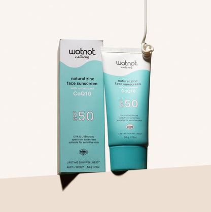 Wotnot Naturals Natural Zinc Face Sunscreen With Antioxidant CoQ10 50g, UVA & UVB Broad Spectrum