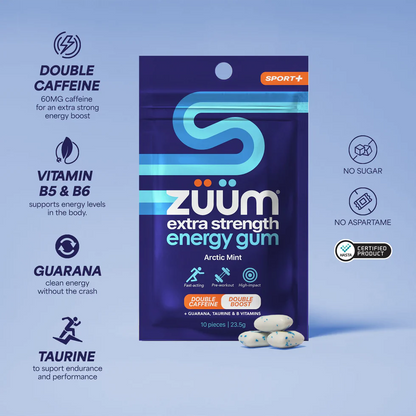 Zuum Extra Strength Double Caffeine Energy Gum 10 Pieces 23.5g Or A Carton Of 16, Arctic Mint Flavour