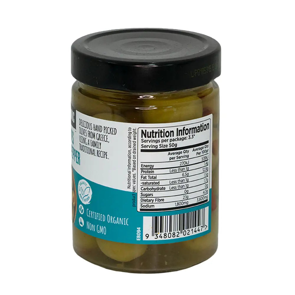 Every Bit Organic Green Olives Stuffed With Pepper 300g, Product Of Greece