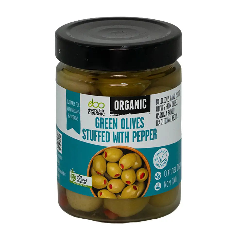 Every Bit Organic Green Olives Stuffed With Pepper 300g, Product Of Greece