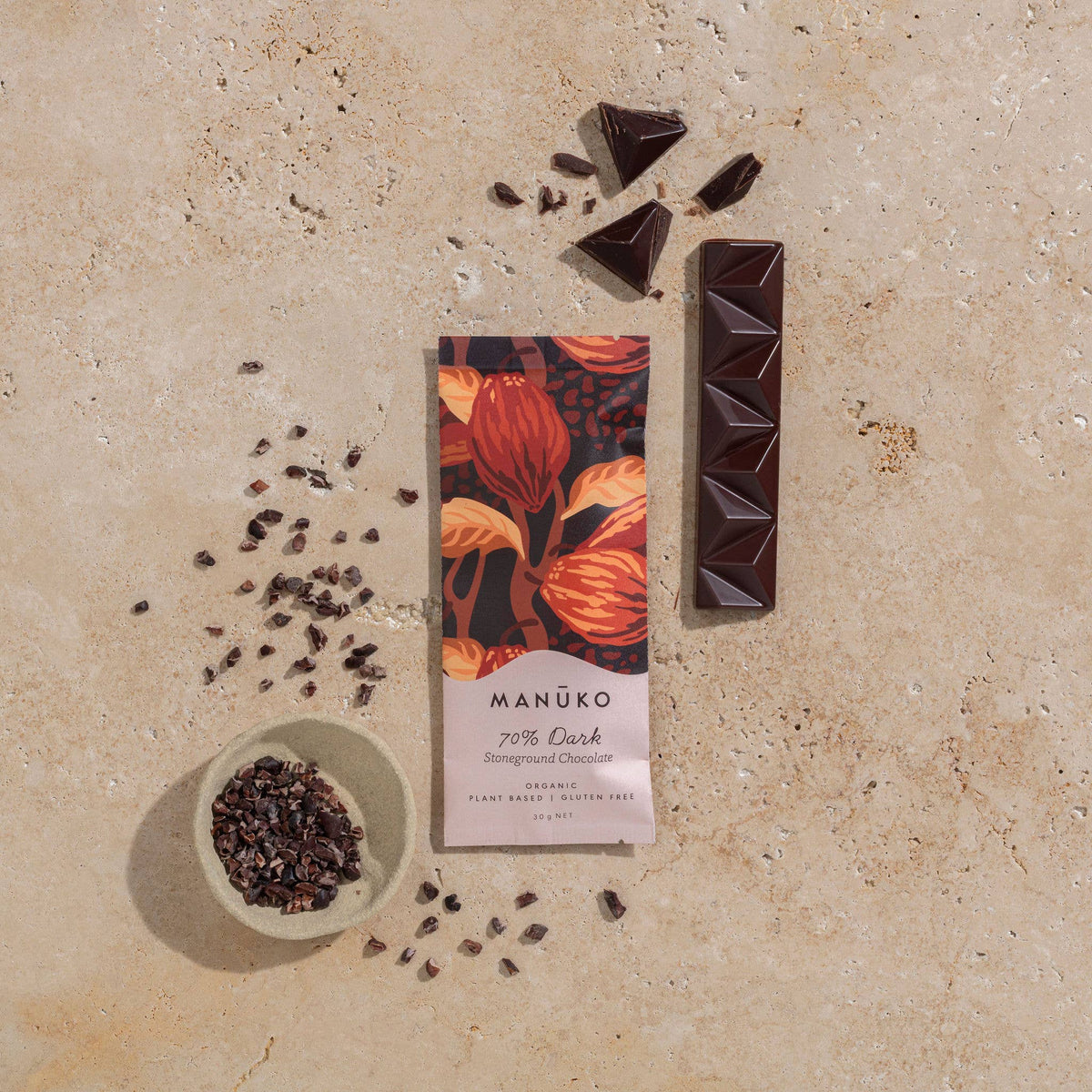 Manuko 70% Dark Chocolate Bar 30g, Stoneground Chocolate