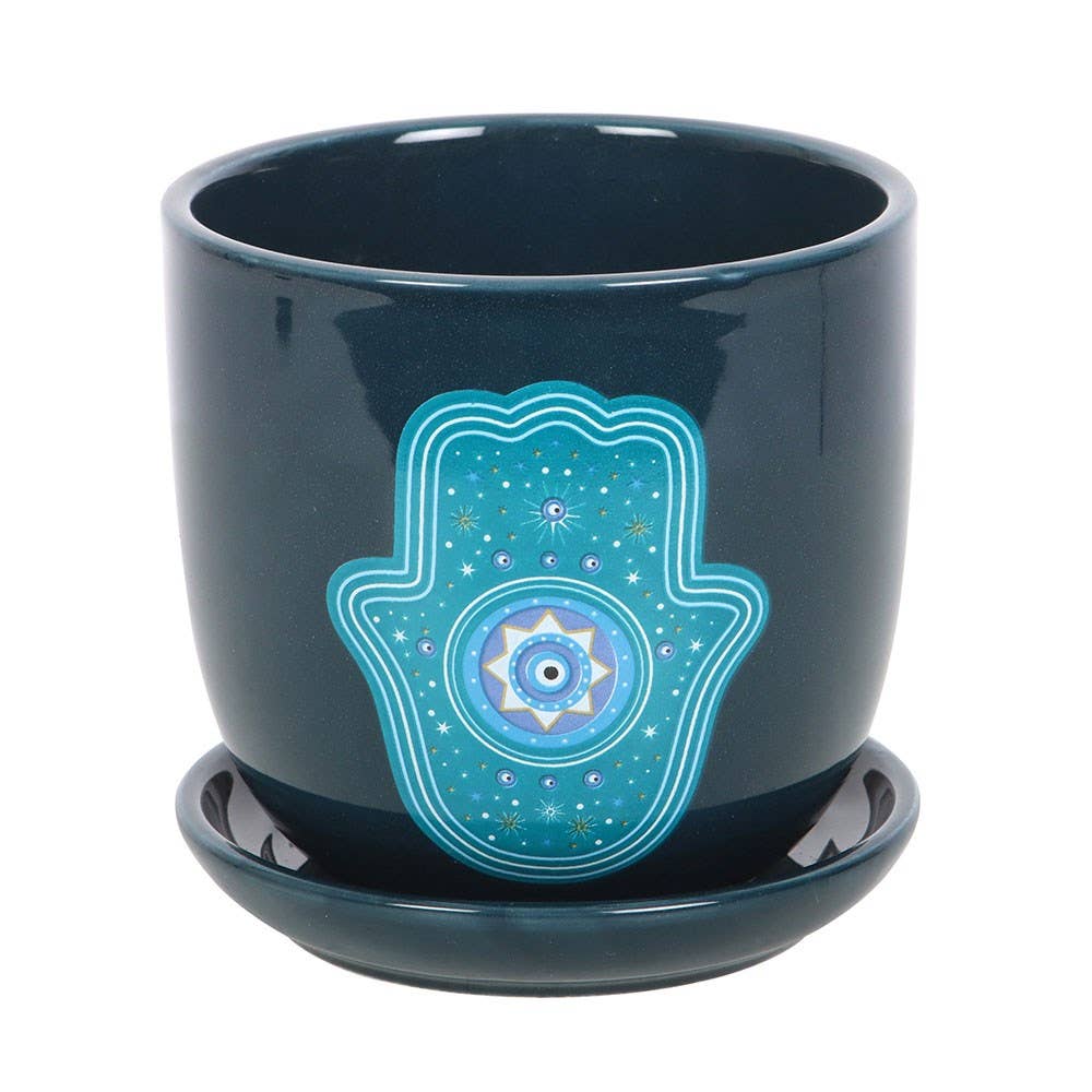 Blue Hand Of Hamsa Ceramic Plant Pot, For A Touch Of Spirituality