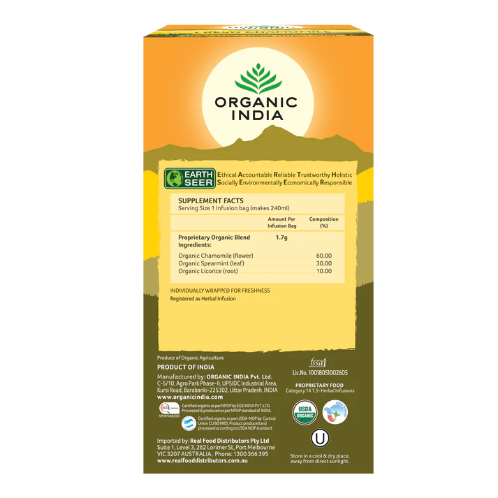 Organic India Certified Organic Fresh Chamomile Tea 25 Bags, With Chamomile, Spearmint & Licorice