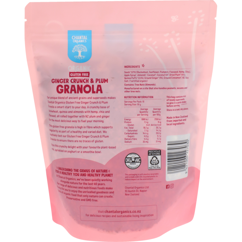 Chantal Organics Organic Ginger Crunch & Plum Granola 500g, With Tart New Zealand Plum