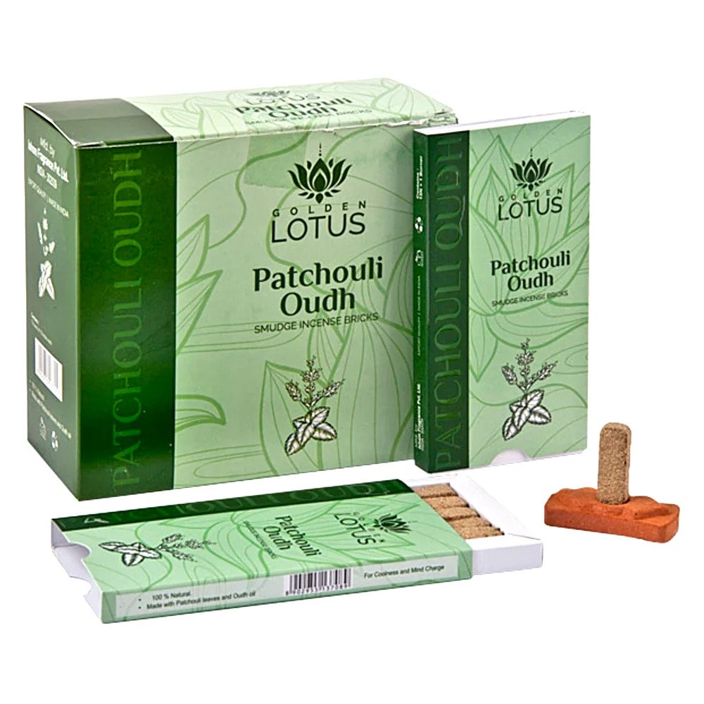 Golden Lotus Patchouli Oudh Smudge Incense Bricks, Includes 15 Bricks & 1 Holder