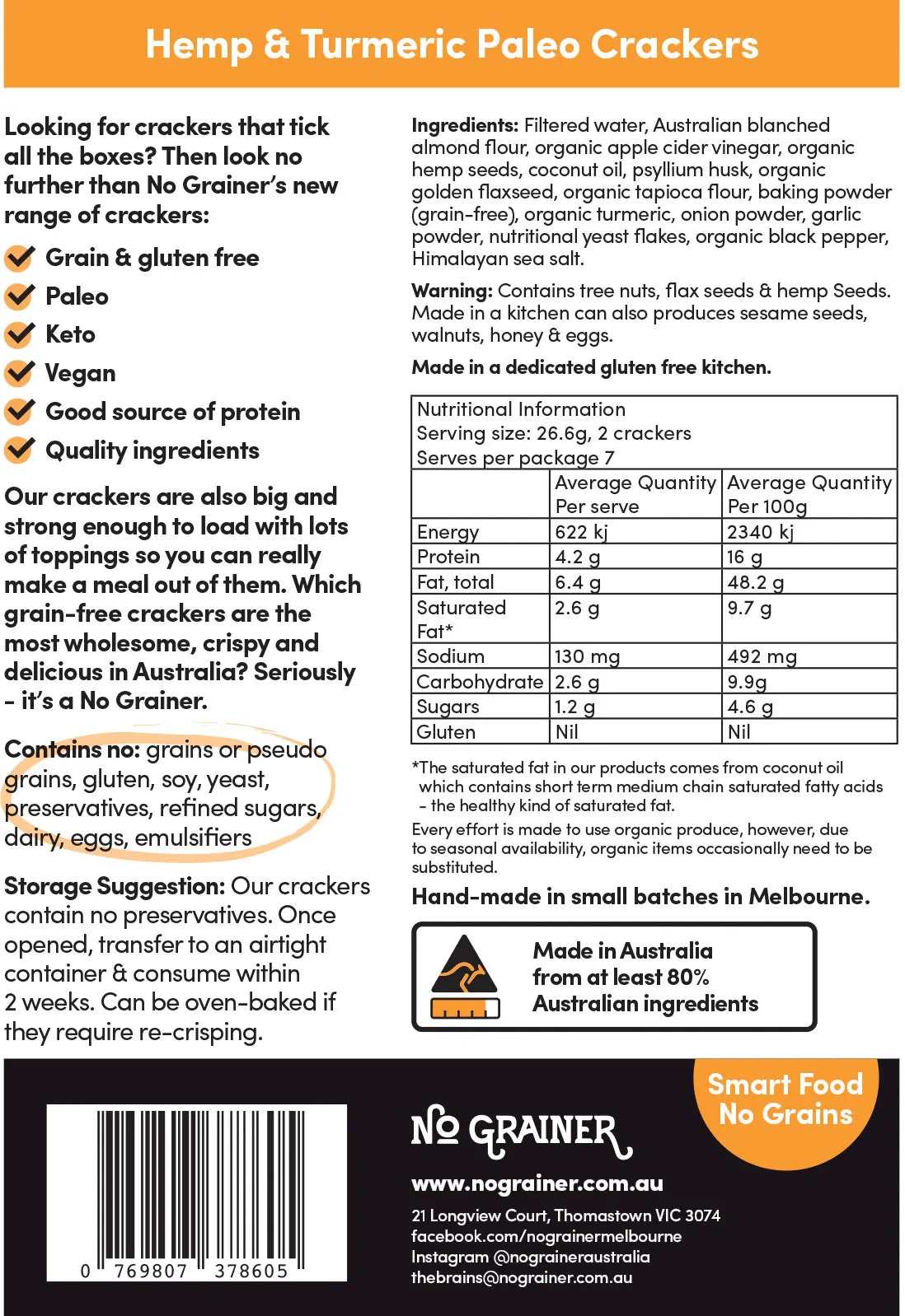 No Grainer Paleo Crackers With Hemp & Turmeric 185g, Vegan, Gluten-Free & Grain Free