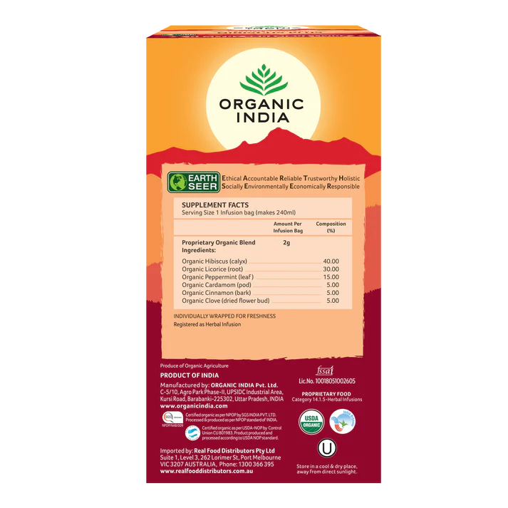 Organic India Certified Organic Hibiscus Plus Tea 25 Bags, With Licorice, Peppermint & More!