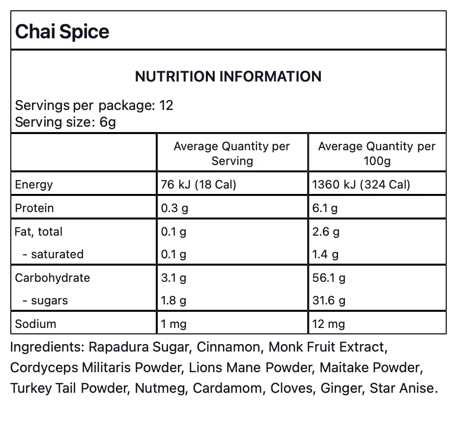 Bondi Blyss Mushroom Powered Blend Single Serve Or A Box Of 12 Serves, Chai Spice