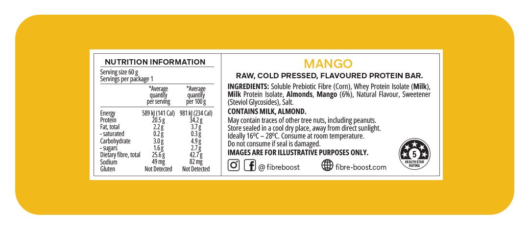 Fibre Boost Cold Pressed Protein Bar Single or Box of 12, Mango