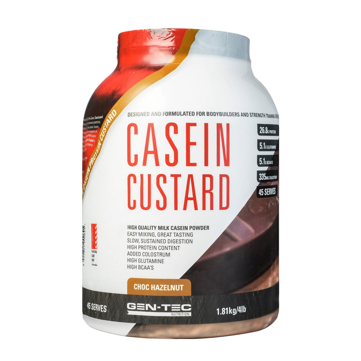 Gen-Tec Nutrition Casein Custard Protein 800g Or 1.81kg, Choc Hazelnut Flavour