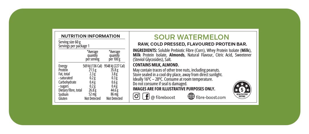 Fibre Boost Cold Pressed Protein Bar Single or Box of 12, Sour Watermelon