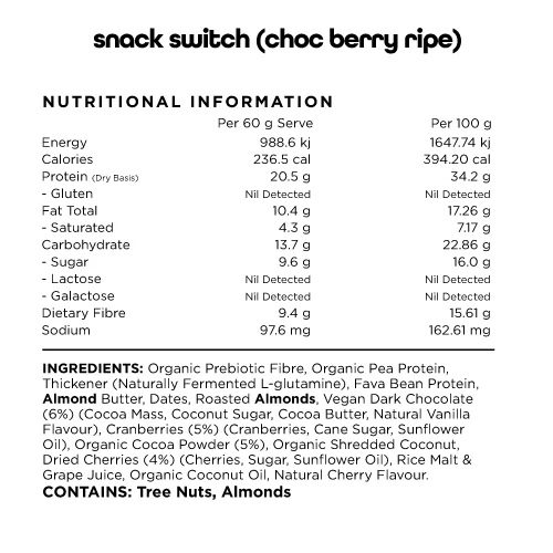 Switch Nutrition Snack Switch 60g, Choc Berry Ripe {Natural, Plant Based, Wholefood Bar}