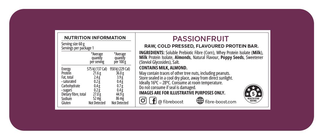 Fibre Boost Cold Pressed Protein Bar Single or Box of 12, Passionfruit