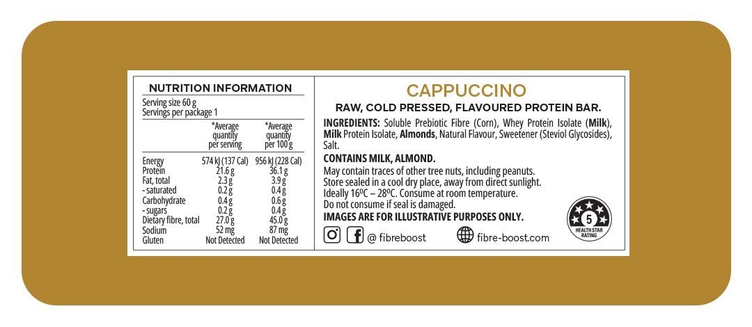 Fibre Boost Cold Pressed Protein Bar Single or Box of 12, Cappuccino